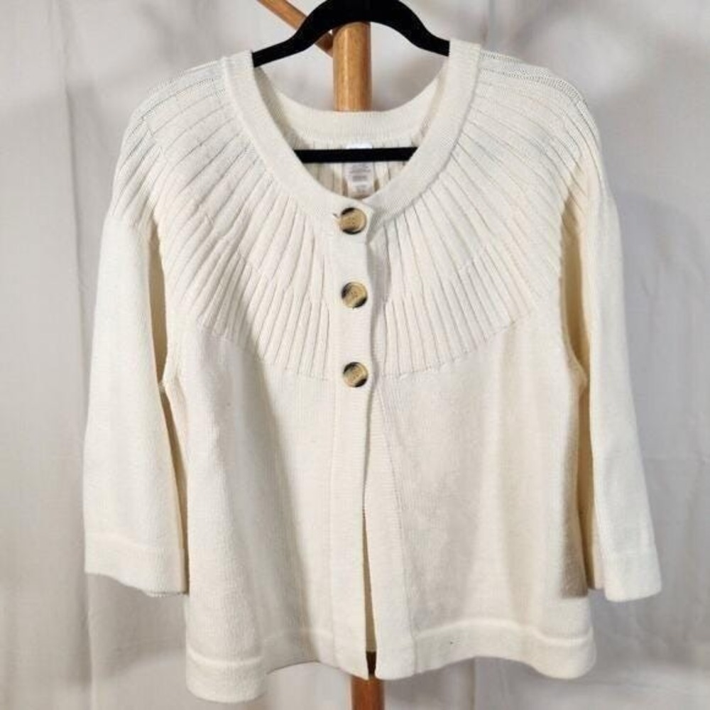 AVON 1X $75 Cream Ribbed Yoke Cotton Blend Y2K Soft Top Button Swing Cardigan